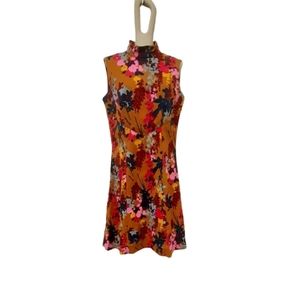 Vintage 1960's Retro Mustard Yellow Floral Sleeveless Dress